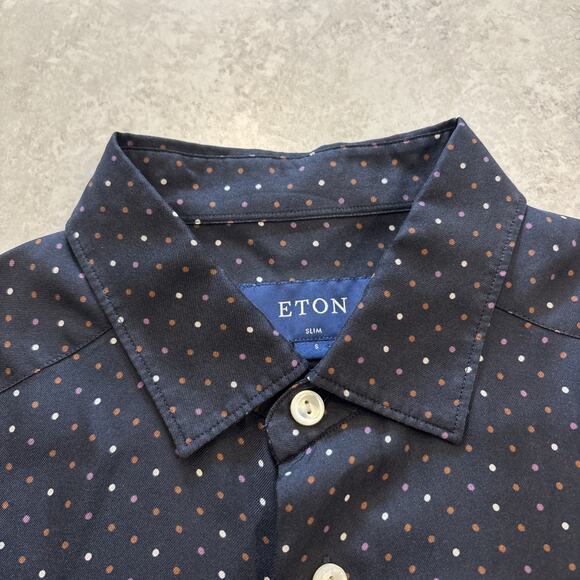 Eton Navy Silk Twill Shirt Pin Polka Dots Slim Fit Dress 38/15 Long Sleeve - Picture 4 of 9